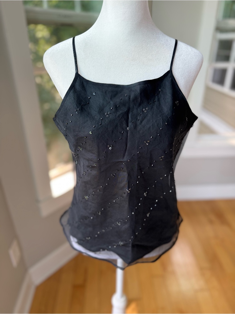 Vintage 90s Merona Black Silk Beaded Spaghetti-Strap Camisole Tank Size Small
